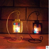 彩色玻璃复古铁艺烛台 创意欧式家饰风灯 婚庆道具摆件礼品