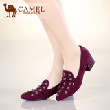 Camel骆驼女鞋正品优雅奢华羊绒小尖头铆钉中跟单鞋 秋季新款