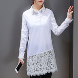 2016春新款韩版修身显瘦蕾丝拼接白衬衫中长款长袖白色衬衣女外套