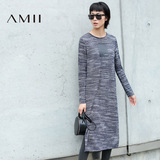 Amii[极简主义]2016秋新款欧美时尚气质条纹长袖大码中长连衣裙女