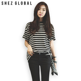 Shezglobal韩国SZ春秋新款黑白条纹短袖T恤女打底衫百搭上衣女潮