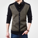 2016冬季男士加绒加厚假两件套毛衣韩版男装纯色大码针织羊毛衫潮