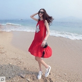 2016夏季新款韩版圆领无袖刺绣连衣裙纯色显瘦学生中长裙子女装潮