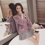 2016春装新款女装韩版宽松针织衫开衫七分袖口袋披肩毛衣短款外套