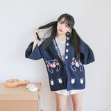 2016夏韩版女装日式和风开衫棉麻卡通印花宽松浴衣和服外套潮