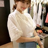 2015早秋新款韩版女装泡泡袖蕾丝拼接修身清凉衬衫女中袖上衣