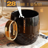 金手柄星巴克杯陶瓷杯子 创意水杯时尚咖啡马克杯带盖勺 情侣对杯