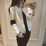 2016秋装韩国新款学院风黑白撞色修身休闲运动棒球衫短外套女开衫