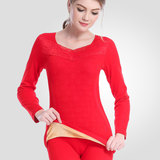 2016新款大红色无缝显瘦保暖内衣带绒女秋冬季棉毛衫加绒两件套装