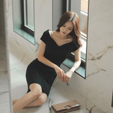 2016夏季新款韩版女装修身露肩高腰气质女神简约中长款包臀连衣裙