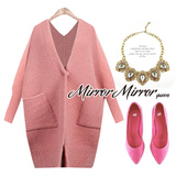 韩国东大门新款V领粉色茧型毛衣外套女中长款宽松蝙蝠袖针织开衫