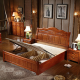 全实木床1.8米现代中式橡木床双人床雕花婚床高箱储物床卧室家具