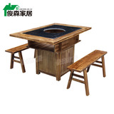 实木仿古做旧大理石火锅桌 长方形燃气灶电磁炉实木火锅桌串串桌