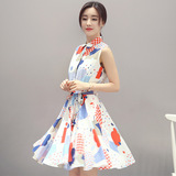2016夏季韩版新款印花连衣裙 中长裙女夏可爱公主蓬蓬裙气质显瘦