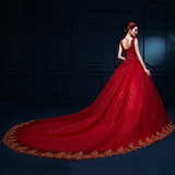 红色婚纱礼服2016新款秋冬季韩式蕾丝齐地大码婚纱双肩长拖尾修身