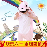 儿童夏款粉色恐龙短袖卡通睡衣亲子纯棉如厕版动物连体睡衣包邮