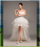 2015年新款 韩式韩版性感钻石羽毛前短后长拖尾新娘婚纱礼服