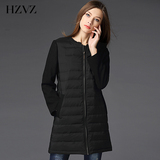 HZVZ欧美简约2015冬装新品修身中长款轻薄毛呢拼接轻羽绒服女外套