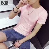 以棉男士粉色体恤夏装韩版青年紧身短袖t恤男英伦潮流修身打底衫