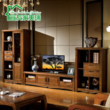 进口榆木组合厅柜 现代中式电视柜组合 全实木客厅家具三件套
