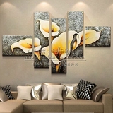 现代客厅装饰画 无框画抽象五联花卉手绘油画 婚房挂画 百合壁画