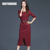 【清仓】罗衣原创新款条纹七分袖修身长裙显瘦枣红色连衣裙EB1525