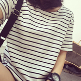 韩国少女夏季新款 大码印花显瘦套头条纹衫女海魂衫短袖T恤姐妹装