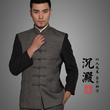 中国风男中青年唐装长袖修身羊毛呢英伦格子外套男装中式秋冬上衣