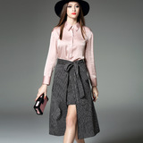 欧洲站套装新款陈乔恩明星同款粉色衬衫+条纹半身长裙两件套68449
