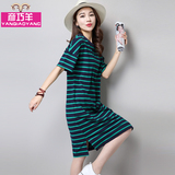 2016夏新款韩版短袖T恤女直筒连衣裙子中长款条纹宽松大码打底衫