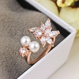 韩国时尚满钻锆石珍珠微镶花朵造型细巧精品开口戒指指环饰品女