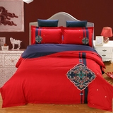 纯棉婚庆四件套大红纯色简约床单被套活性全棉刺绣花1.8m床上用品