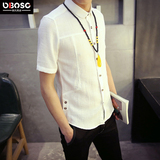 OBO夏季韩版修身薄款白寸衫男士短袖衬衣日系复古青年棉麻衬衫潮