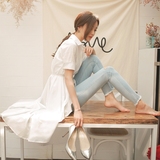 2016夏装新款韩版时尚翻领短袖修身系带中长不规则燕尾衬衫女上衣