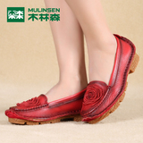 木林森女鞋 秋季复古花朵粗跟平跟真皮鞋子2015新款红色浅口单鞋