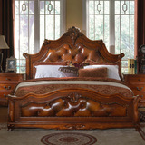 欧式实木床 美式真皮床1.5/1.8米住宅家具双人床深色婚床雕花大床