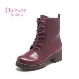 Daphne/达芙妮女鞋冬季新款短靴棉靴粗跟中跟圆头系带保暖马丁靴