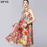 dfvc2016夏装新款女装中国风旗袍式印花亚麻A字裙桑蚕丝连衣裙