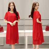 2016新款韩版胖MM大码女装修身显瘦宽松雪纺裙红色短袖连衣裙夏季