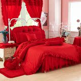 韩式风婚庆四件套大红色蕾丝床上用品纯棉全棉蕾丝欧式床单1.8mi