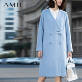 Amii及简2015冬新品艾米直筒大码V领双排扣纯色毛呢外套大衣女