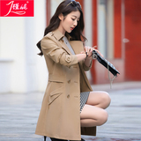 风衣女中长款2016春装新韩版双排扣修身显瘦大码纯色长袖气质外套