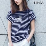Amii[极简主义]2016夏季女装海军风黑蓝白条纹T恤短袖宽松棉上衣