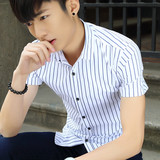 外贸韩国男士短袖衬衫条纹英伦男衬衣青少年修身款纯棉男装格子潮