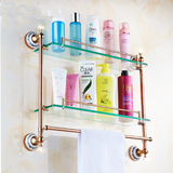玻璃置物架化妆品架双层带毛巾杆玫瑰金色卫生间浴室欧式卫浴挂件