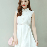 夏季女装衬衫式连衣裙韩版修身无袖欧根纱有领a型中长款中款裙子