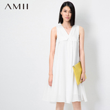 [惠]Amii女装2016夏装新款折叠V领多层次褶皱毛边A型大码连衣裙女