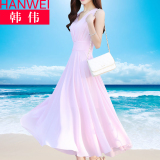 韩伟2016年夏季新款无袖连衣裙雪纺V领纯色气质修身长款沙滩裙女