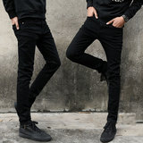 夏季韩版青少年男士小脚牛仔裤黑色潮流修身弹力男装休闲长裤包邮