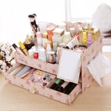 木质桌面化妆品收纳盒大号 韩国创意梳妆台化妆品盒收纳带镜子